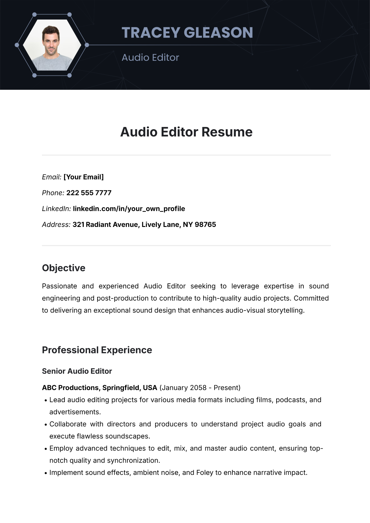 Audio Editor Resume Template - Edit Online & Download