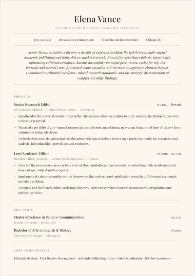 Free Research Editor ATS Resume Template, AI Resume Builder