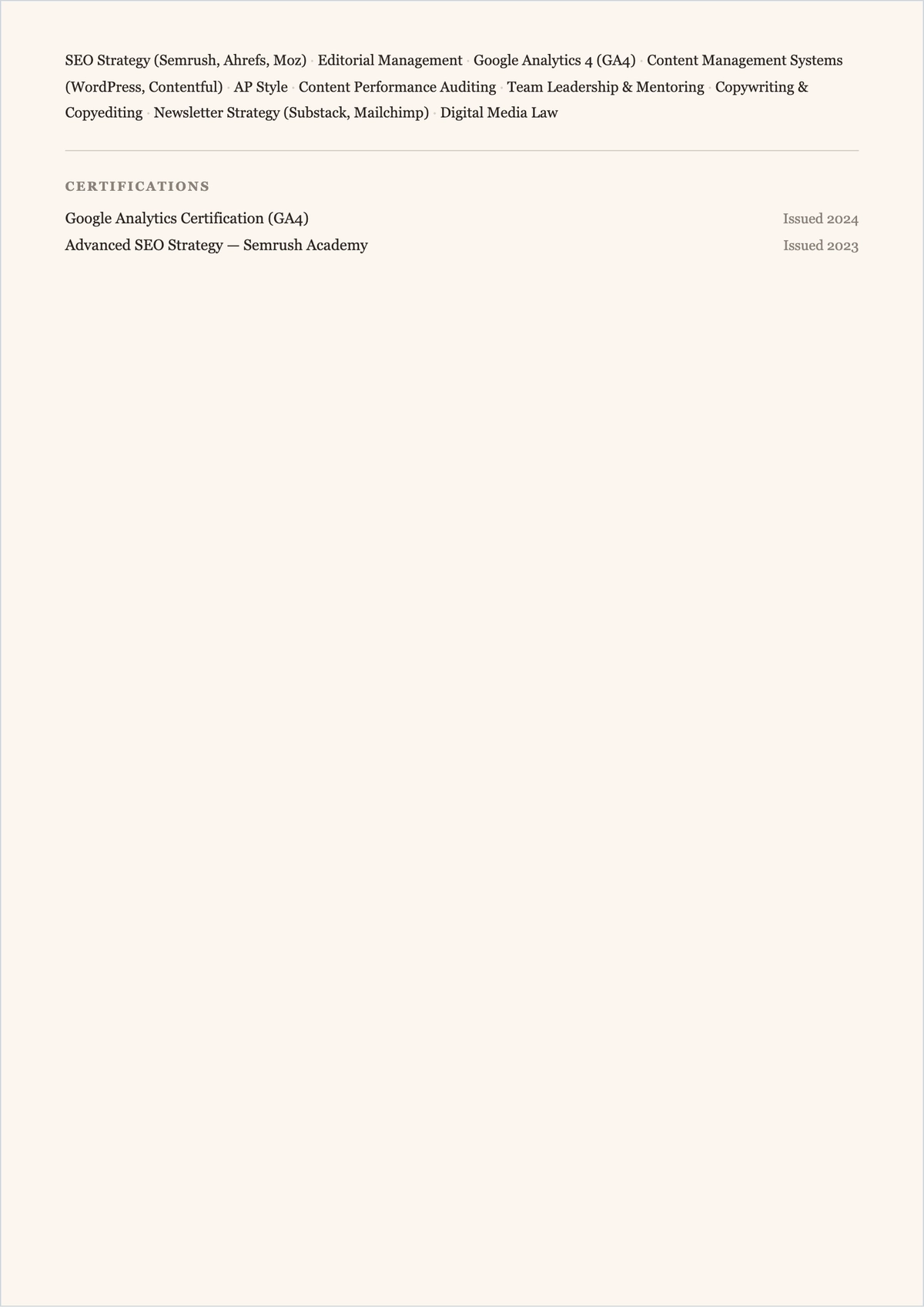 Free Online Content Editor ATS Resume Template, AI Resume Builder