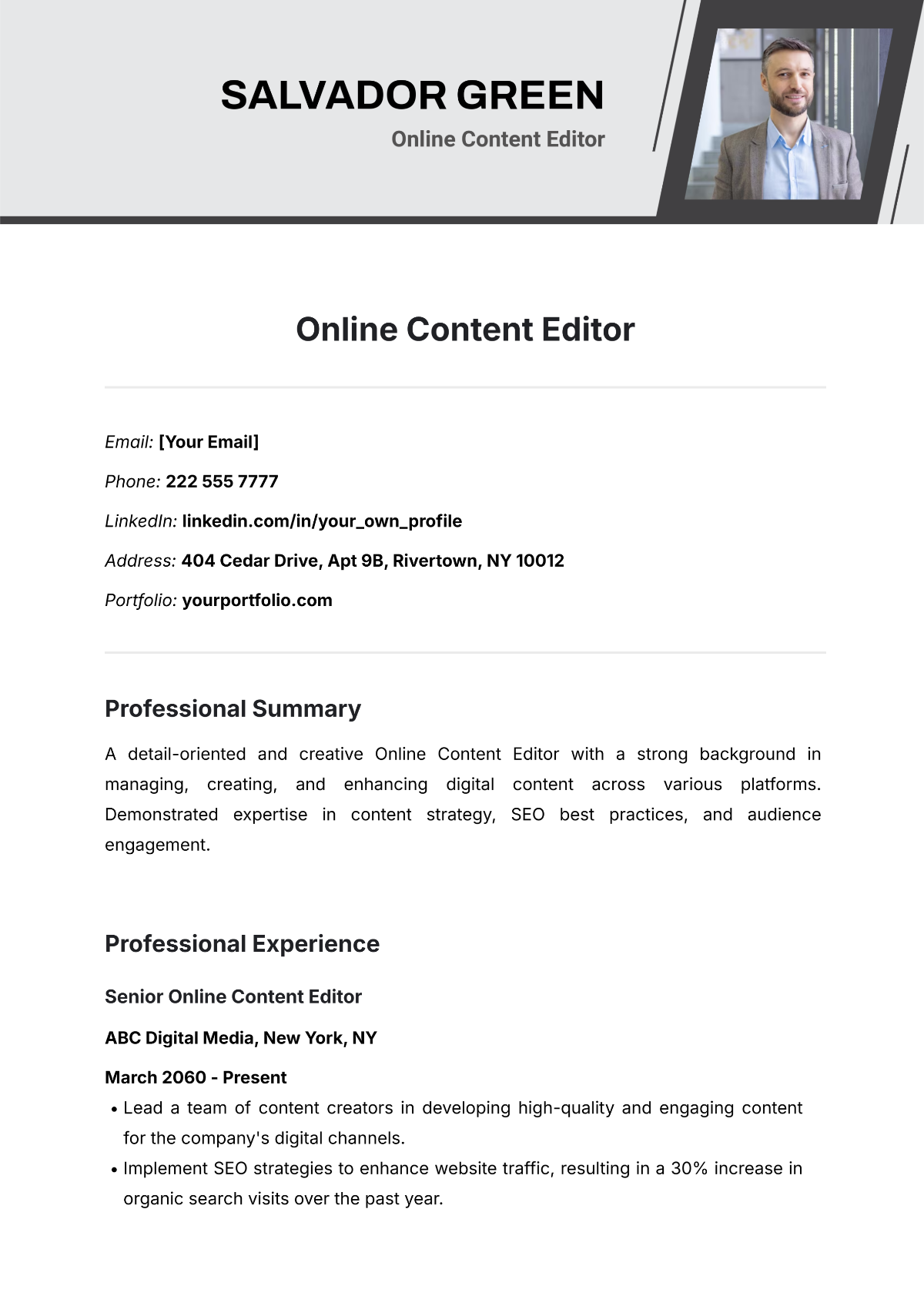 Online Content Editor Resume Template - Edit Online & Download