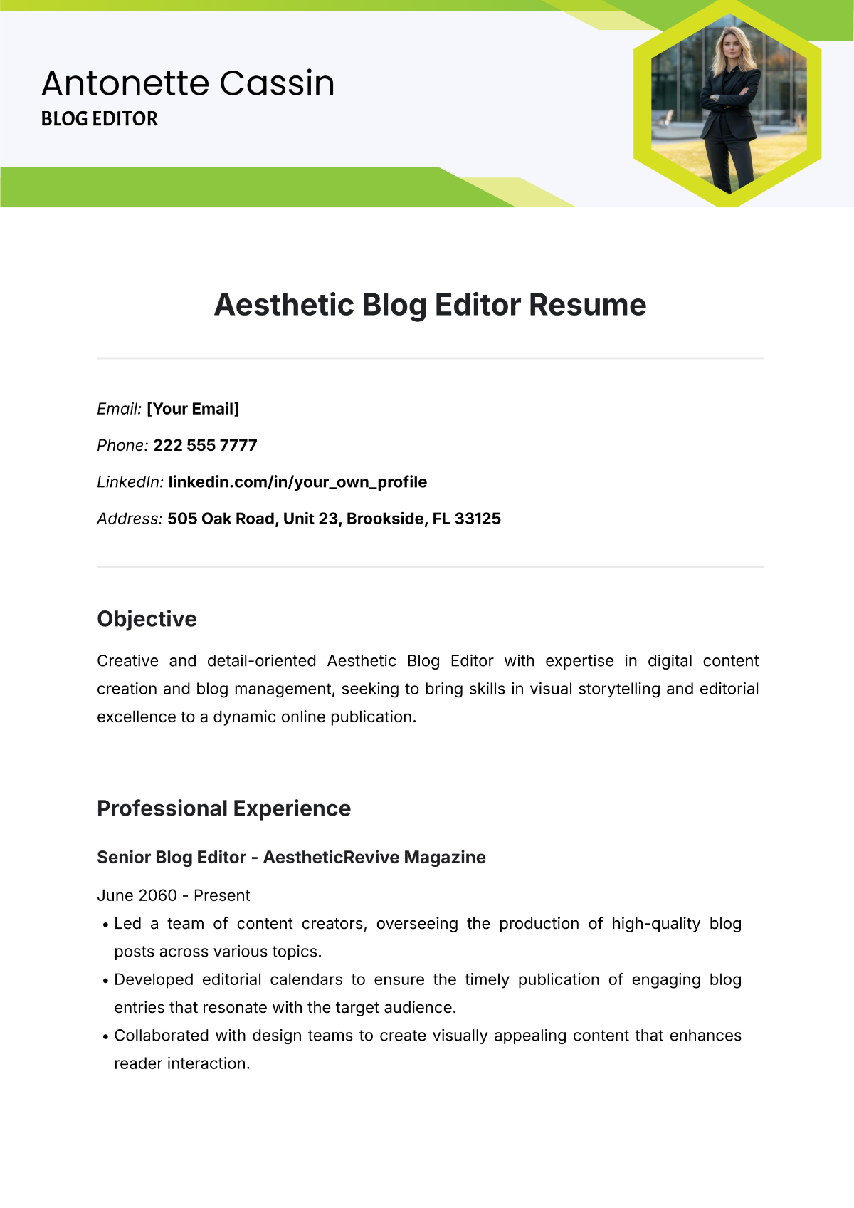 Aesthetic Blog Editor Resume Template - Edit Online & Download