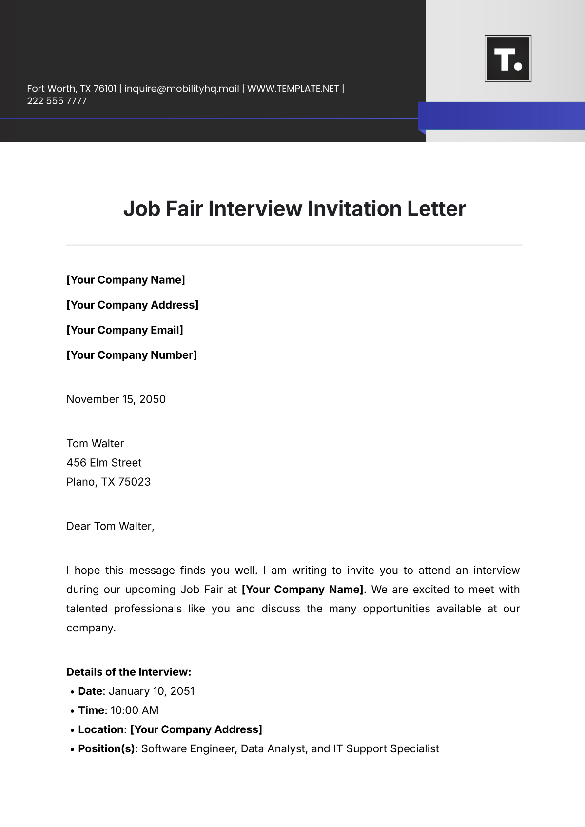 Job Fair Interview Invitation Letter Template - Edit Online & Download