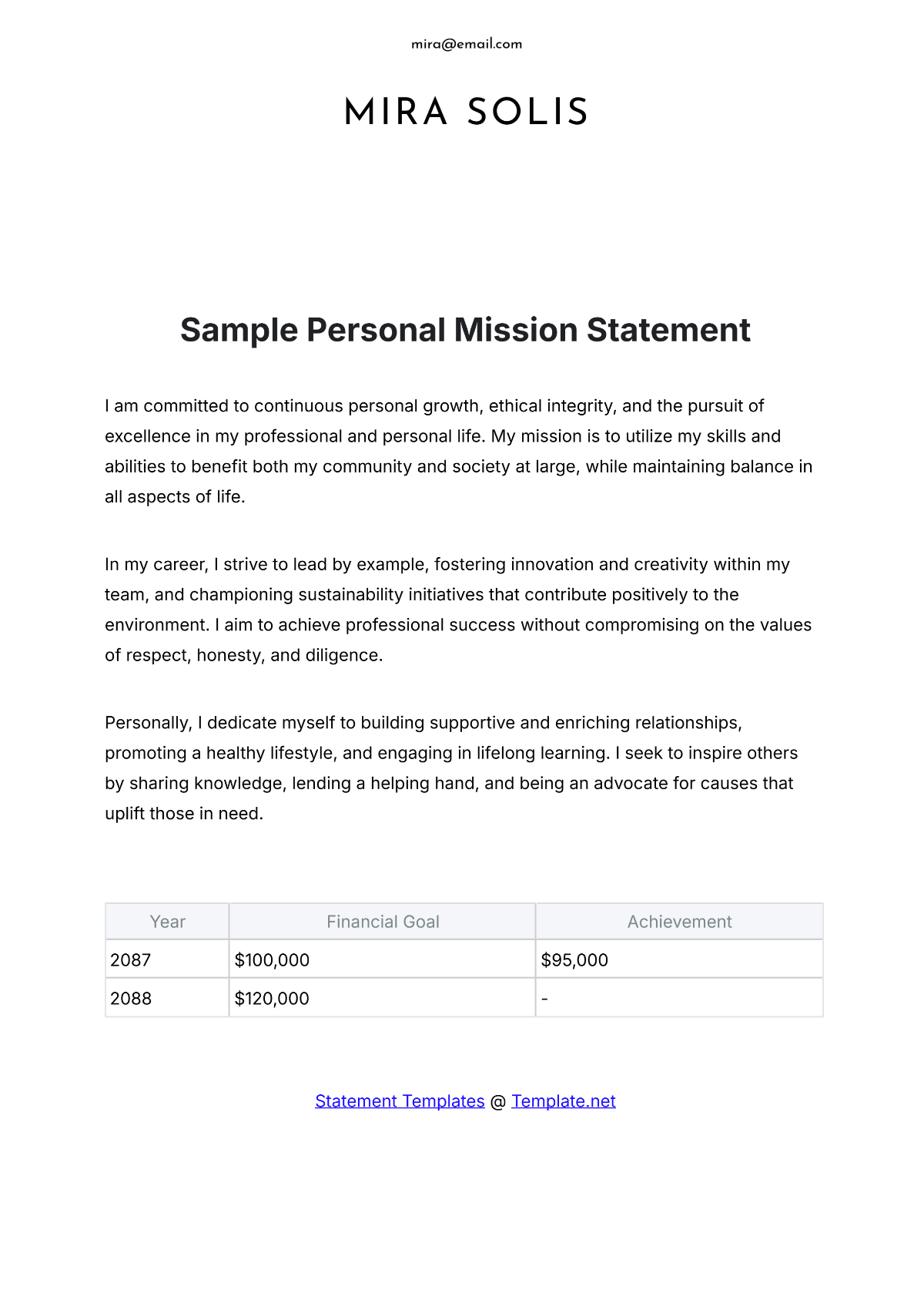 Sample Personal Mission Statement Template - Edit Online & Download