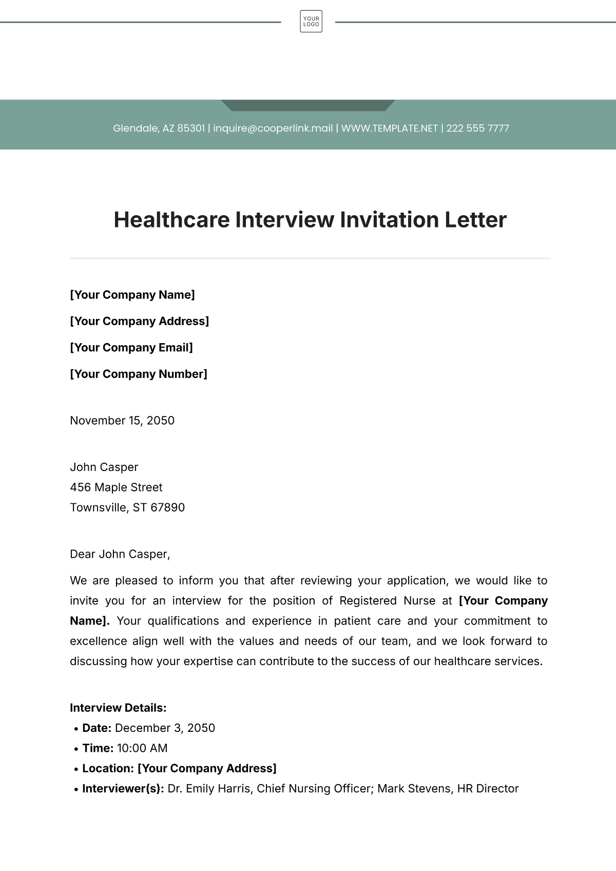 Healthcare Interview Invitation Letter Template - Edit Online & Download