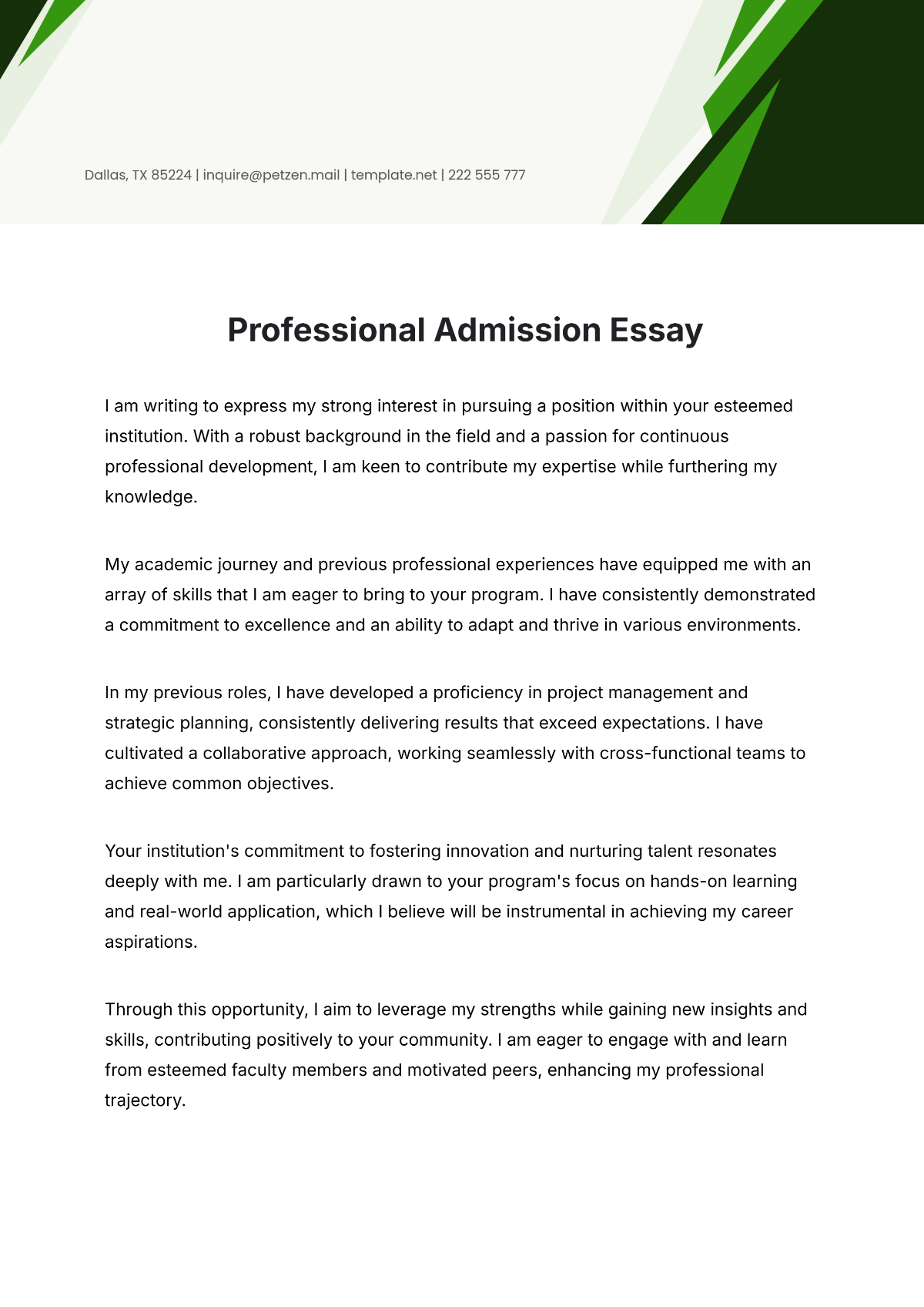 Professional Admission Essay Template - Edit Online & Download