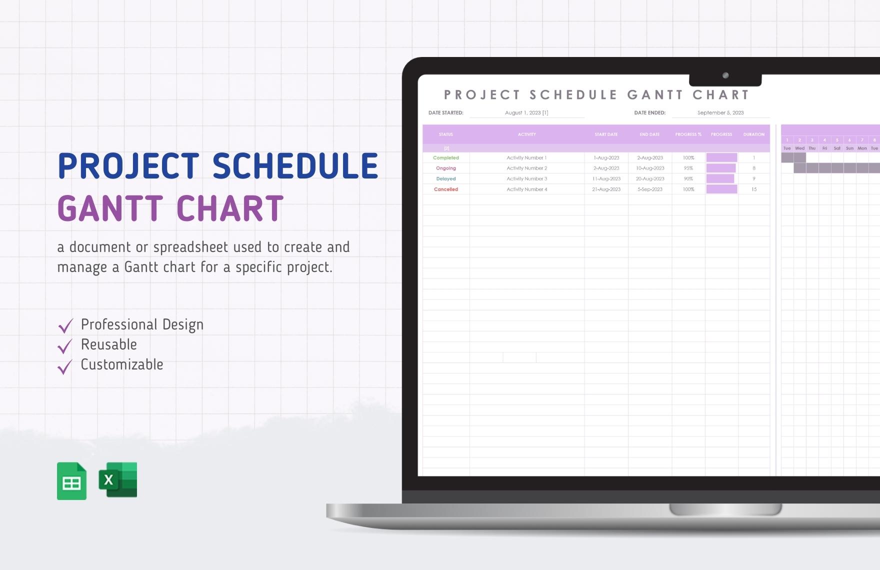 Project Schedule Gantt Chart Template in Excel, Google Sheets