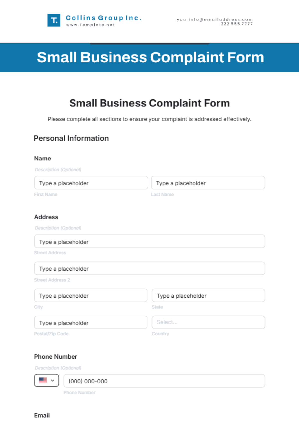 Small Businesses Complaint Form Template - Edit Online & Download