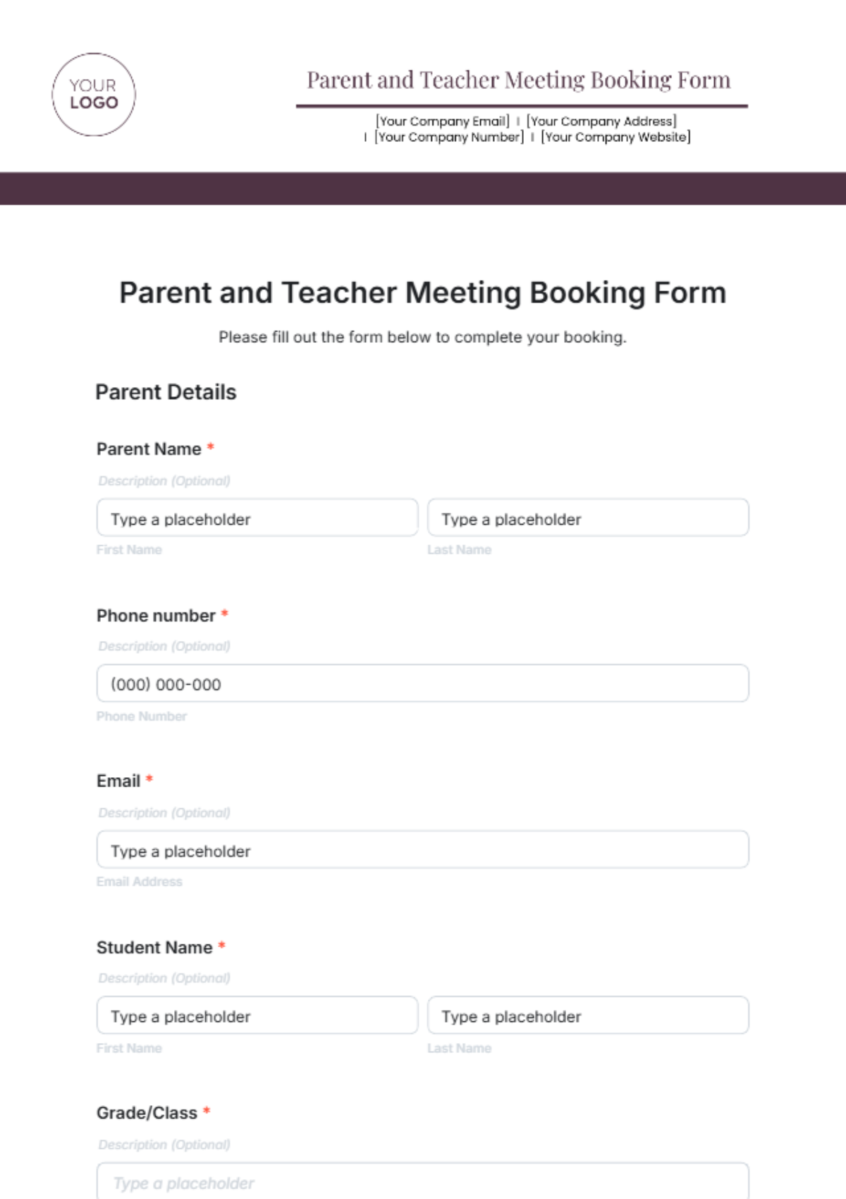 Parent and Teacher Meeting Booking Form Template - Edit Online & Download