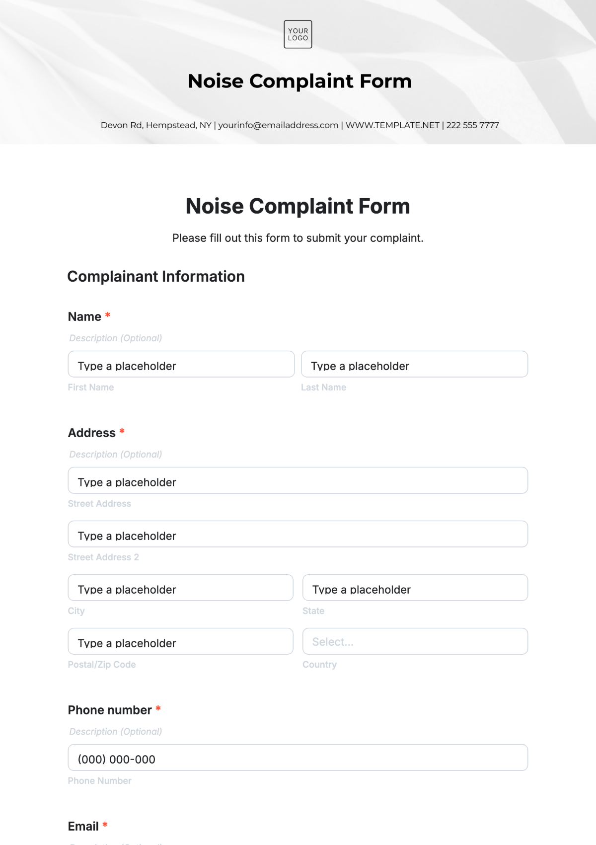 Noise Complaint Form Template