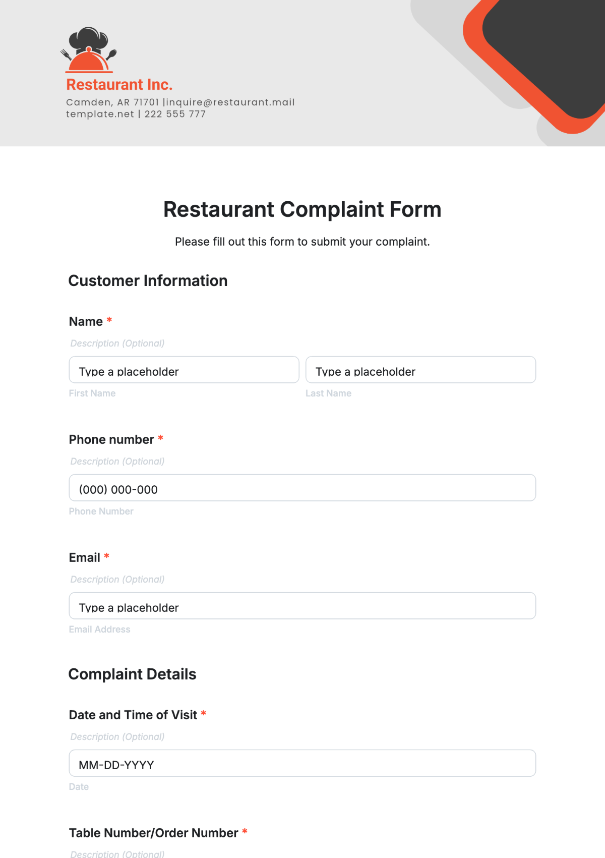 Restaurant Complaint Form Template