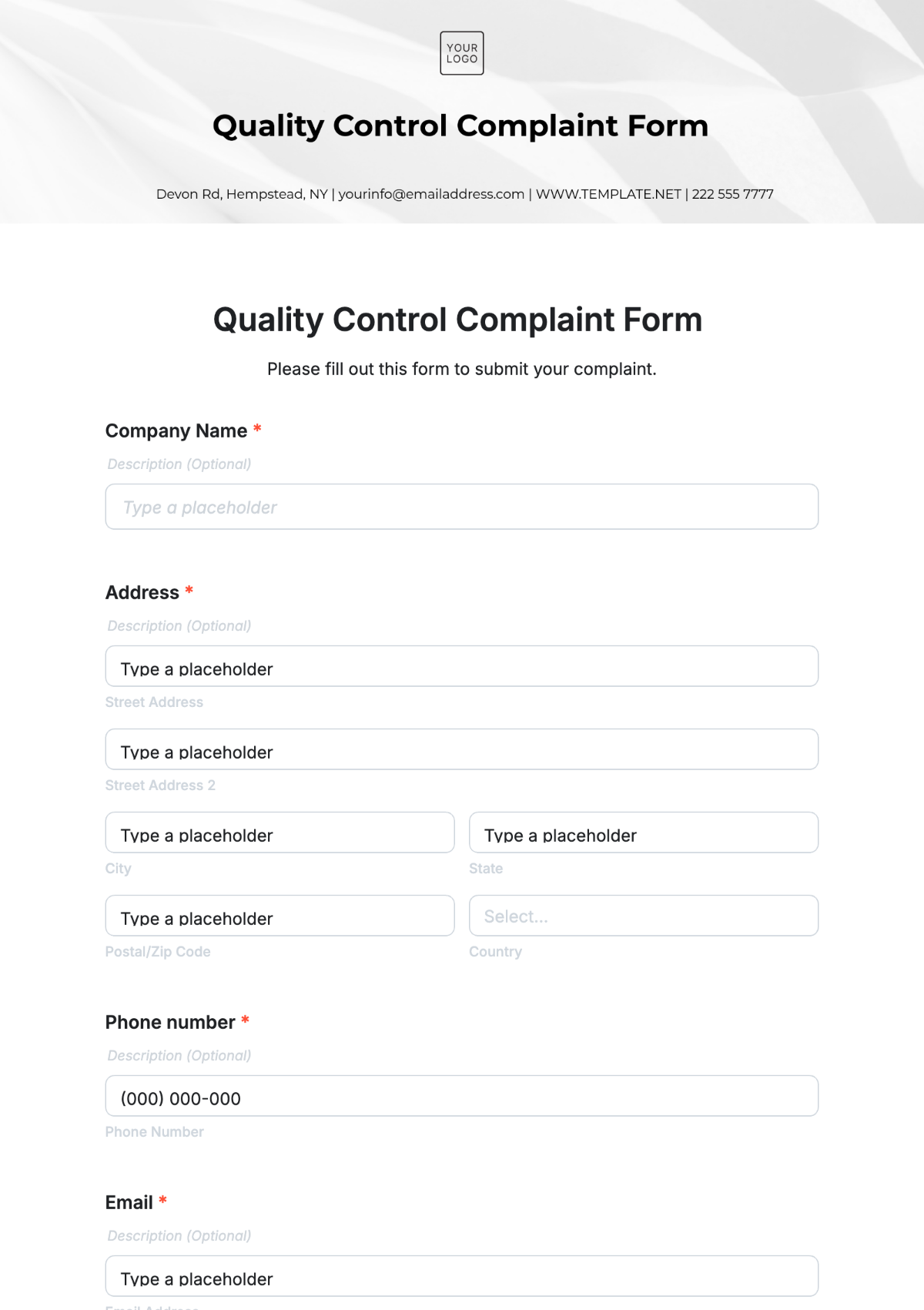 Quality Control Complaint Form Template