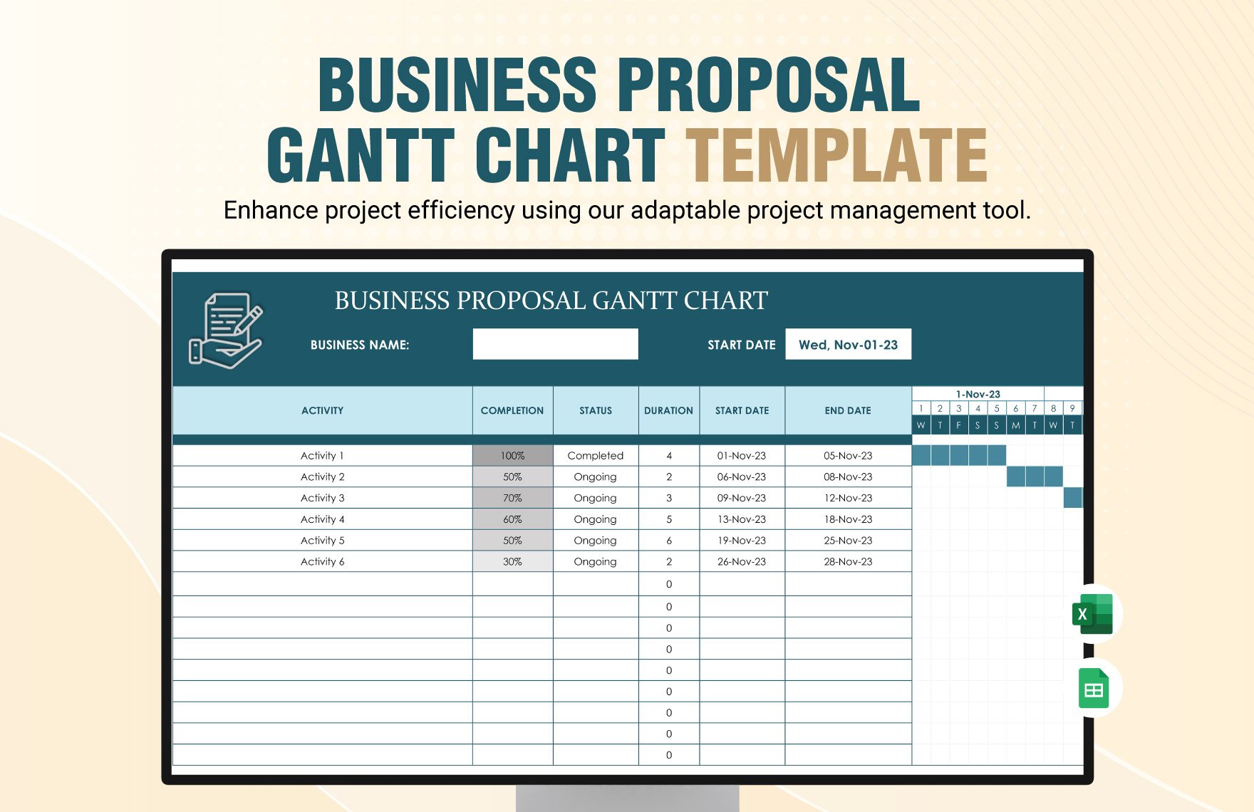 Business proposal Gantt Chart Template in Excel, Google Sheets