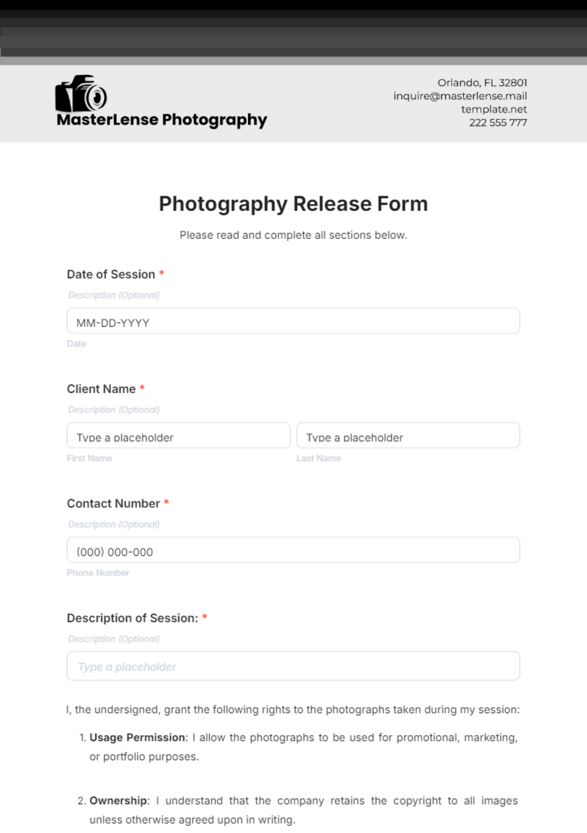 Photography Release Form Template - Edit Online & Download