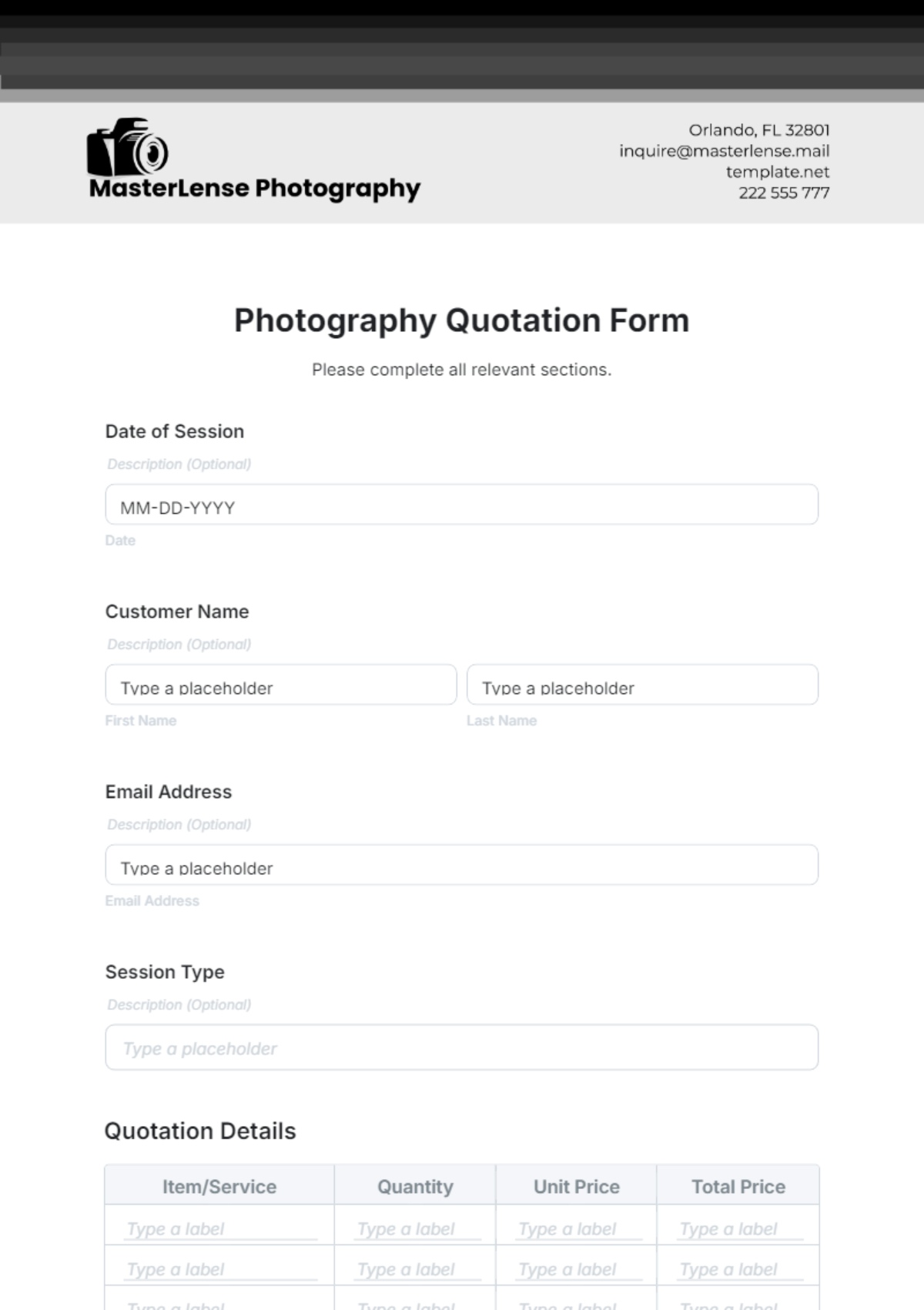 Photography Quotation Form Template - Edit Online & Download