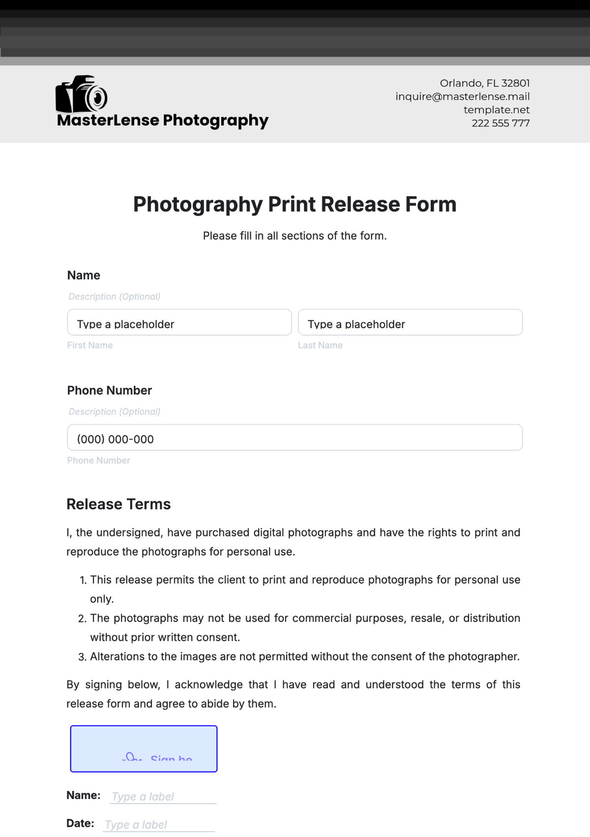 Photography Print Release Form Template - Edit Online & Download