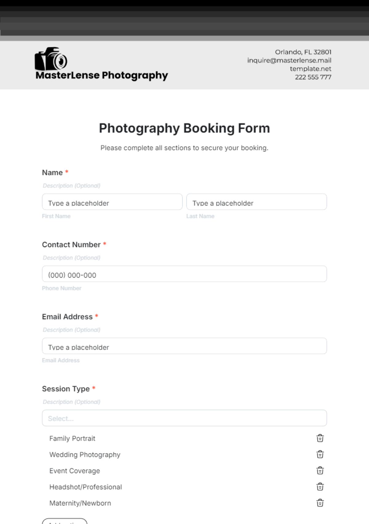 Photography Booking Form Template - Edit Online & Download