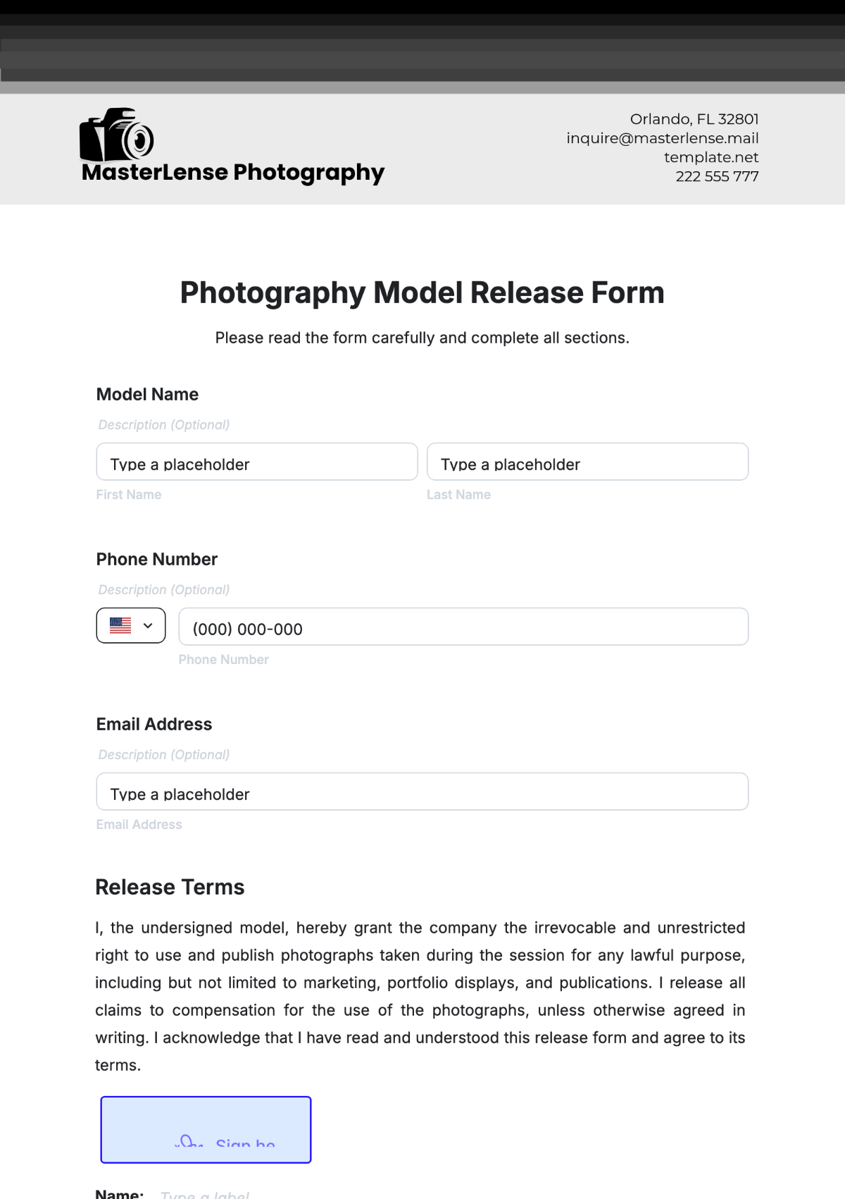 Photography Model Release Form Template - Edit Online & Download