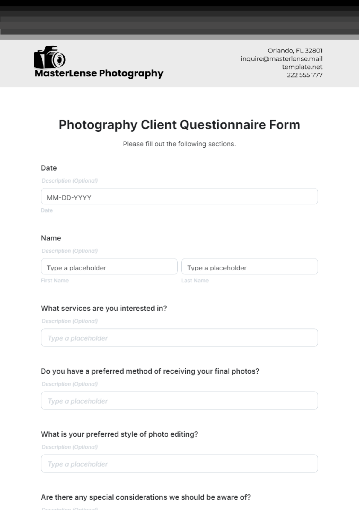 Photography Client Questionnaire Form Template - Edit Online & Download