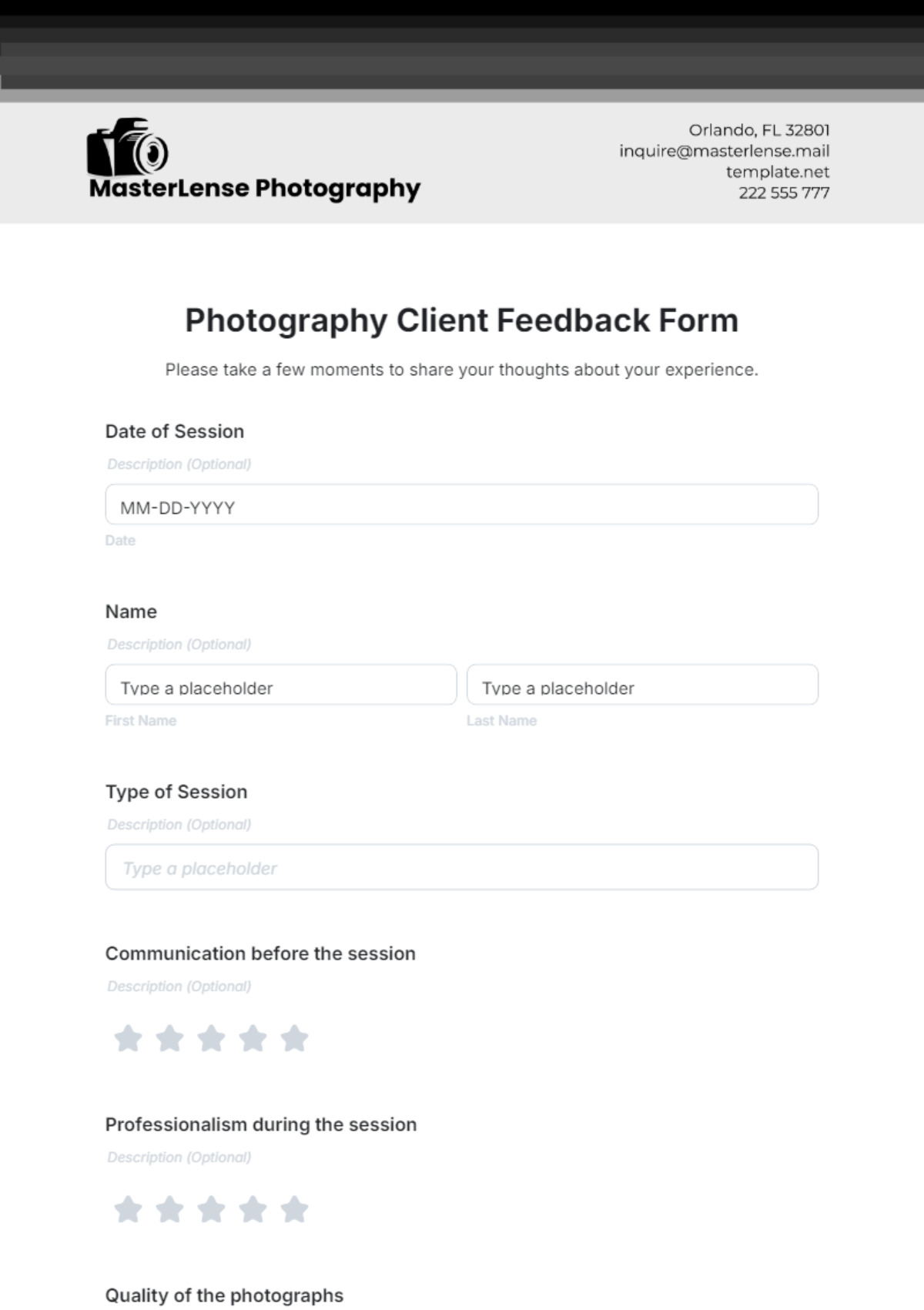 Photography Client Feedback Form Template - Edit Online & Download