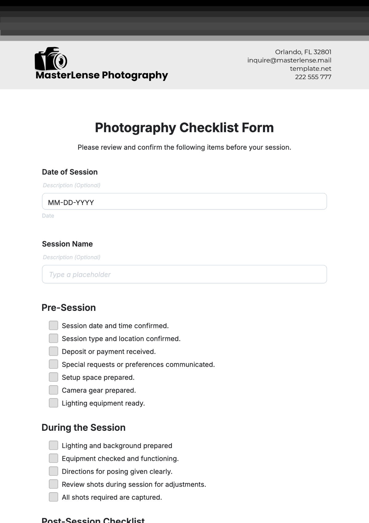 Photography Checklist Form Template - Edit Online & Download