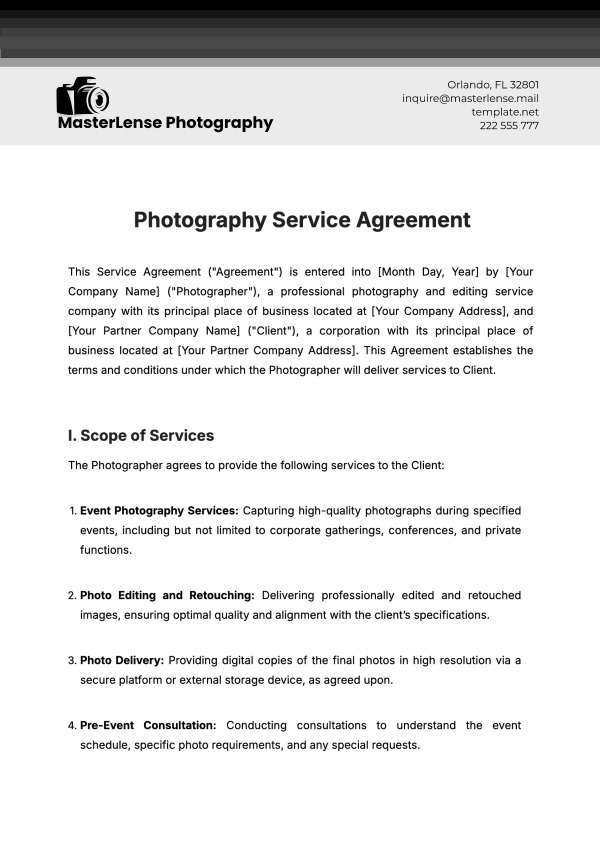 Photography Service Agreement Template - Edit Online & Download