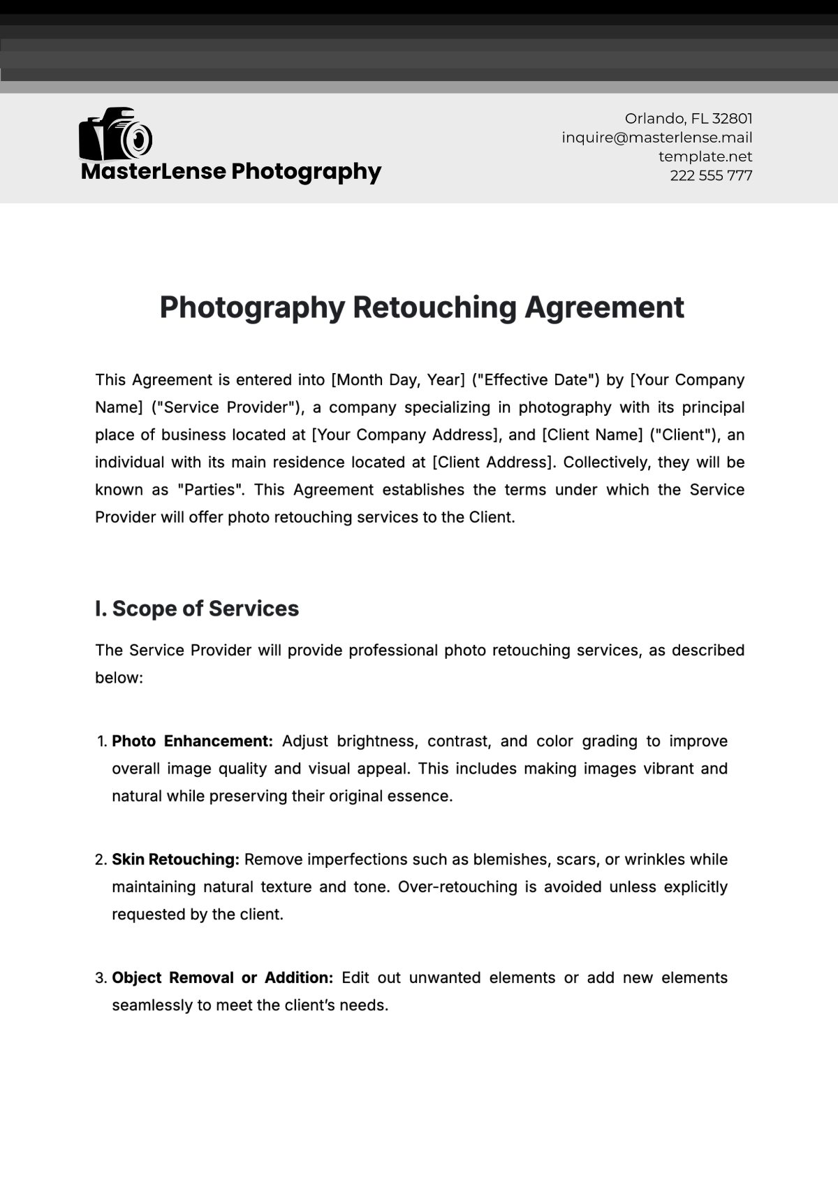 Photography Retouching Agreement Template - Edit Online & Download