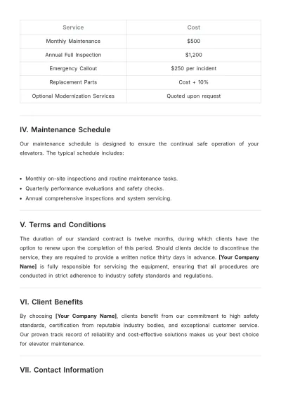 Free Sample Elevator Maintenance Proposal Template to Edit Online