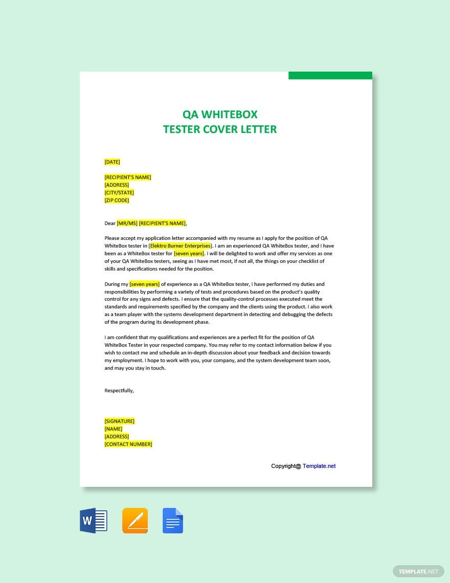 Free QA WhiteBox Tester Cover Letter in Word, Google Docs, PDF, Apple Pages