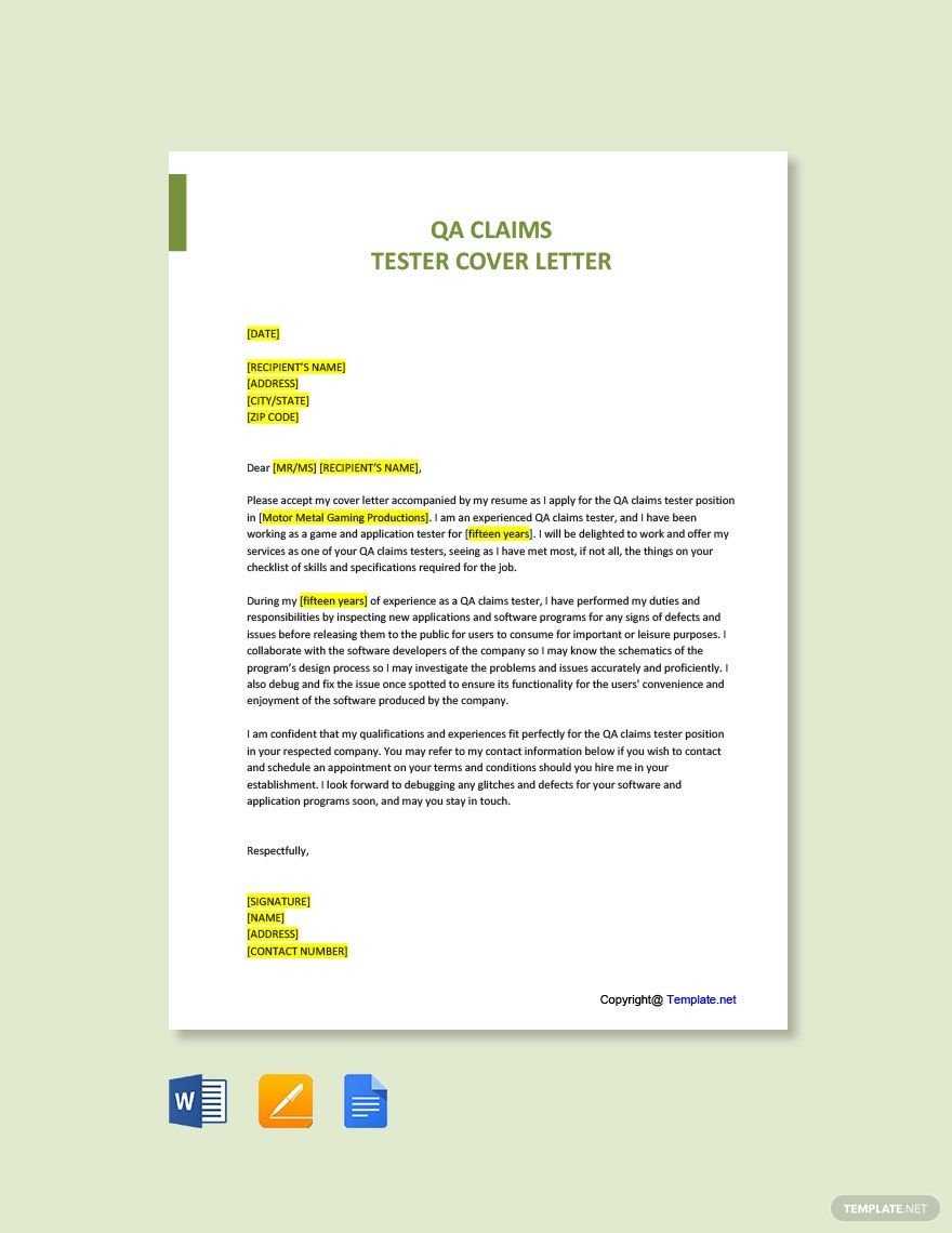 QA Claims Tester Cover Letter