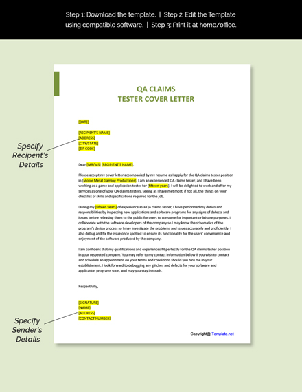 QA Claims Tester Cover Letter Template