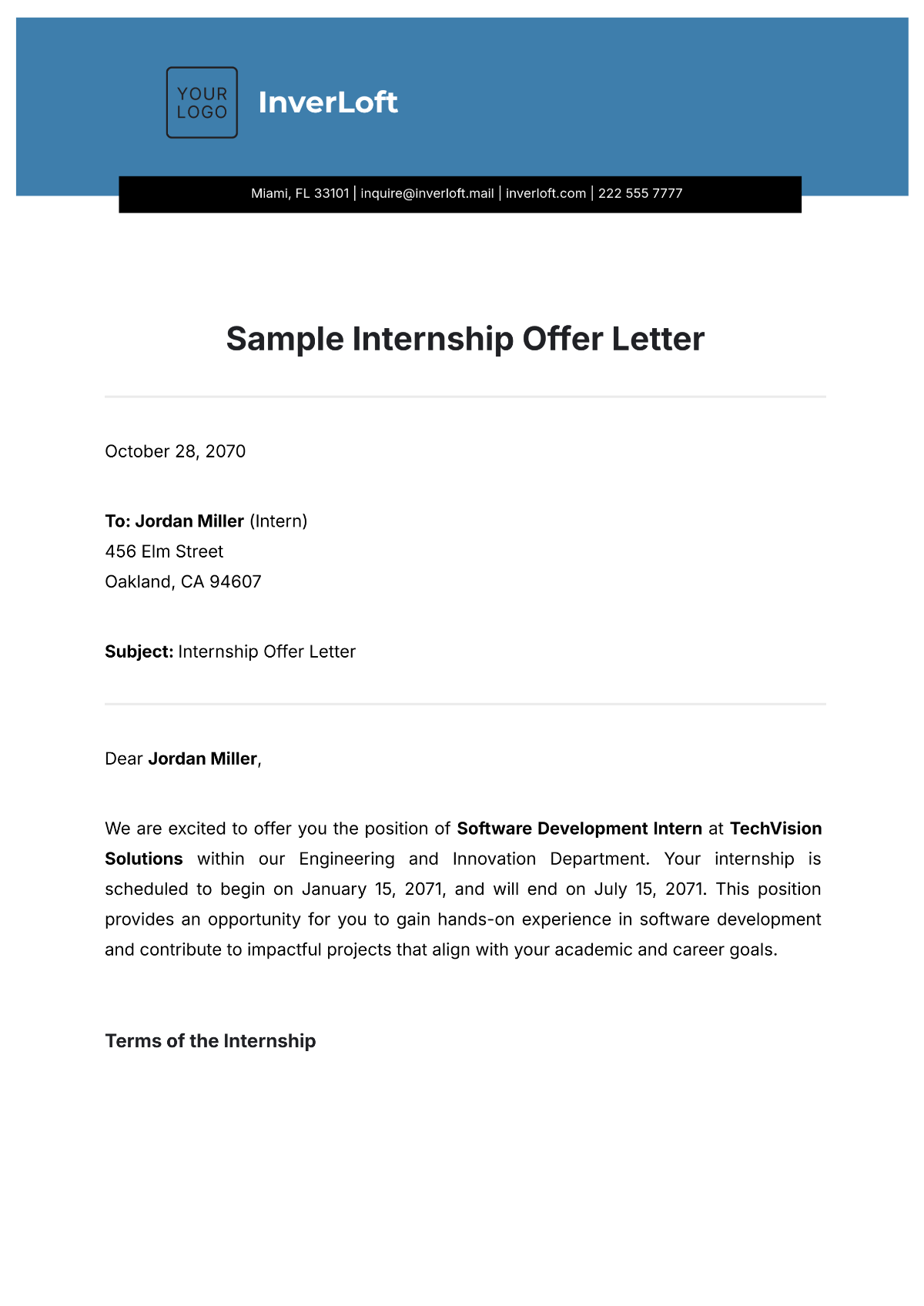 Sample Internship Offer Letter Template - Edit Online & Download