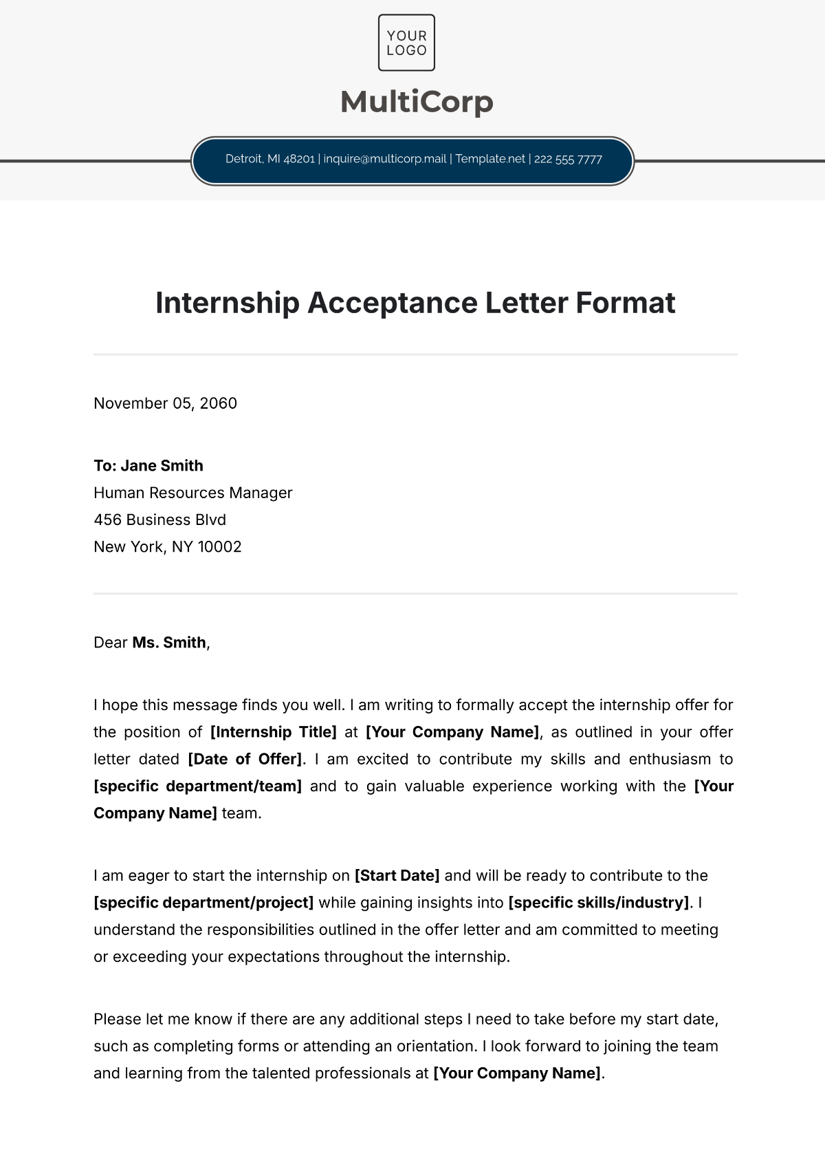 Internship Acceptance Letter Format Template - Edit Online & Download