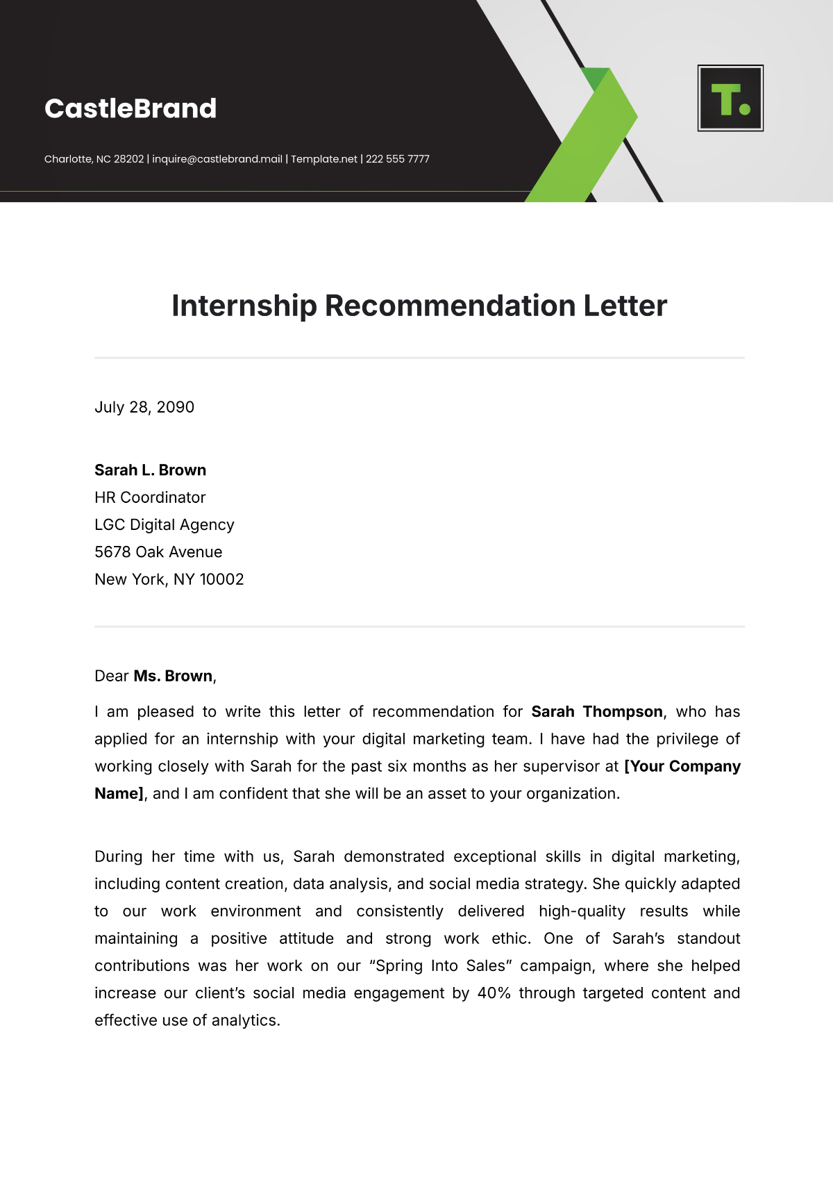 Internship Recommendation Letter Template - Edit Online & Download