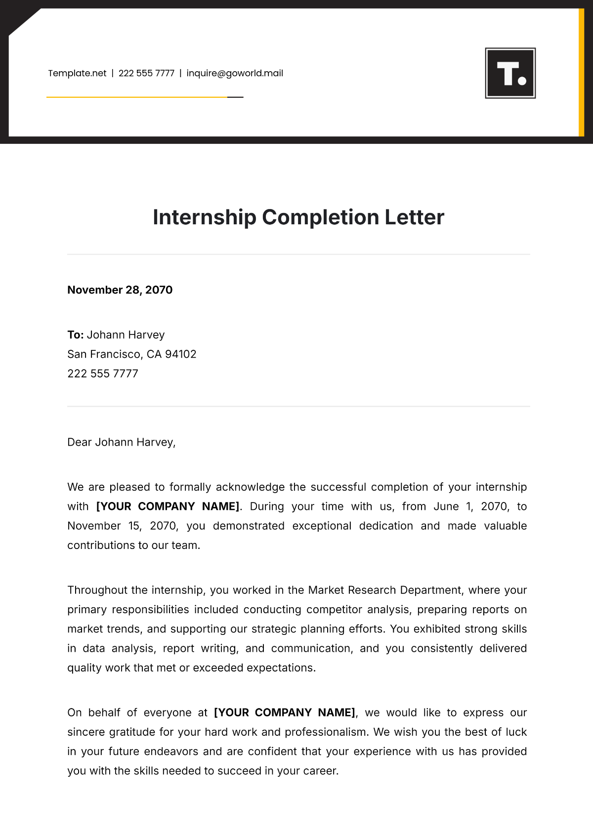 Internship Completion Letter Template - Edit Online & Download