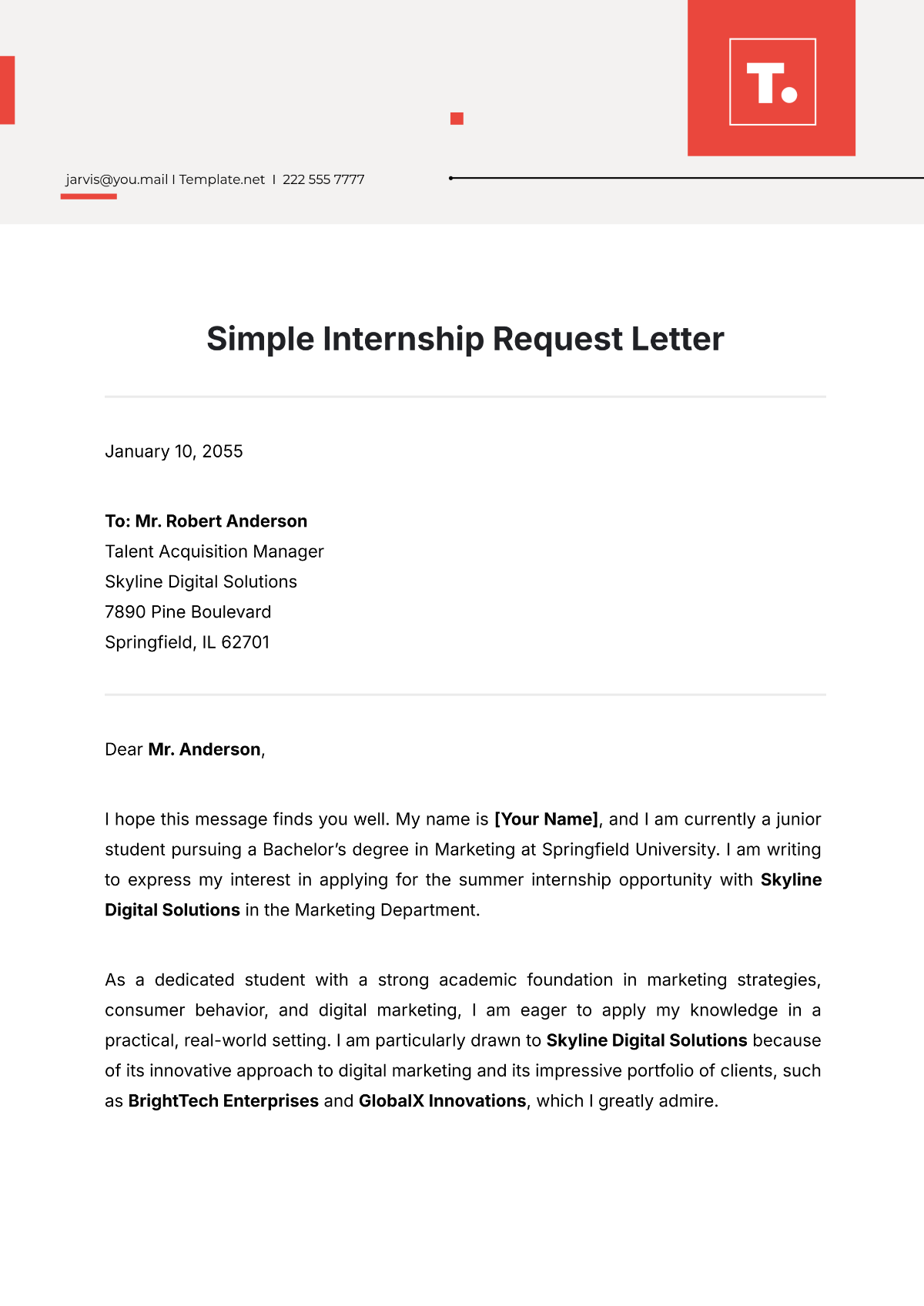 Simple Internship Request Letter Template - Edit Online & Download