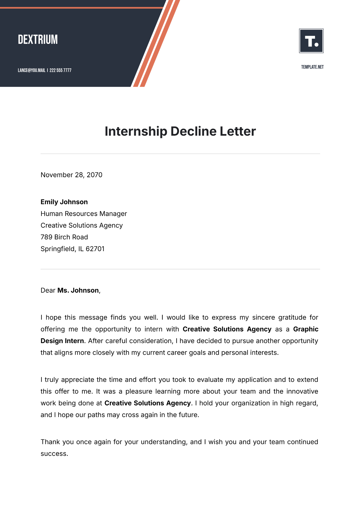 Internship Decline Letter Template - Edit Online & Download