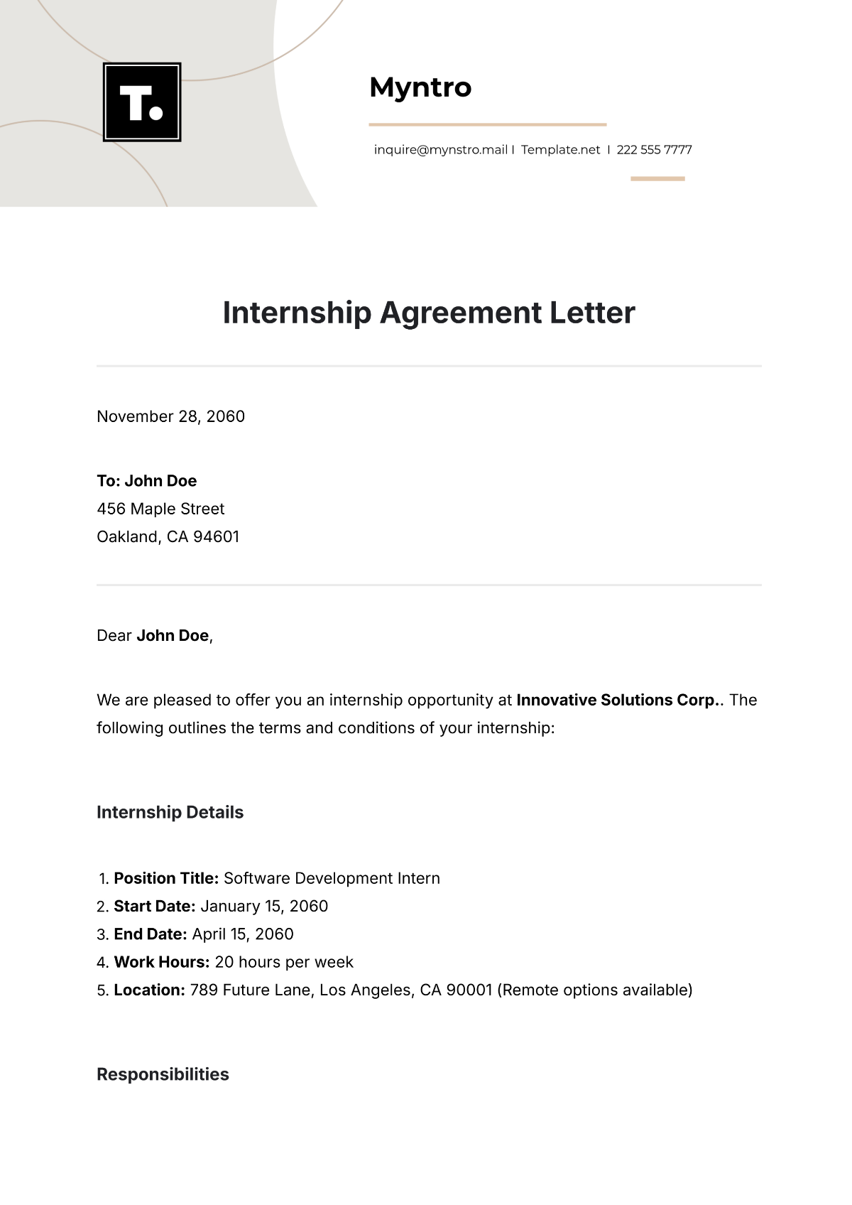 Internship Agreement Letter Template - Edit Online & Download