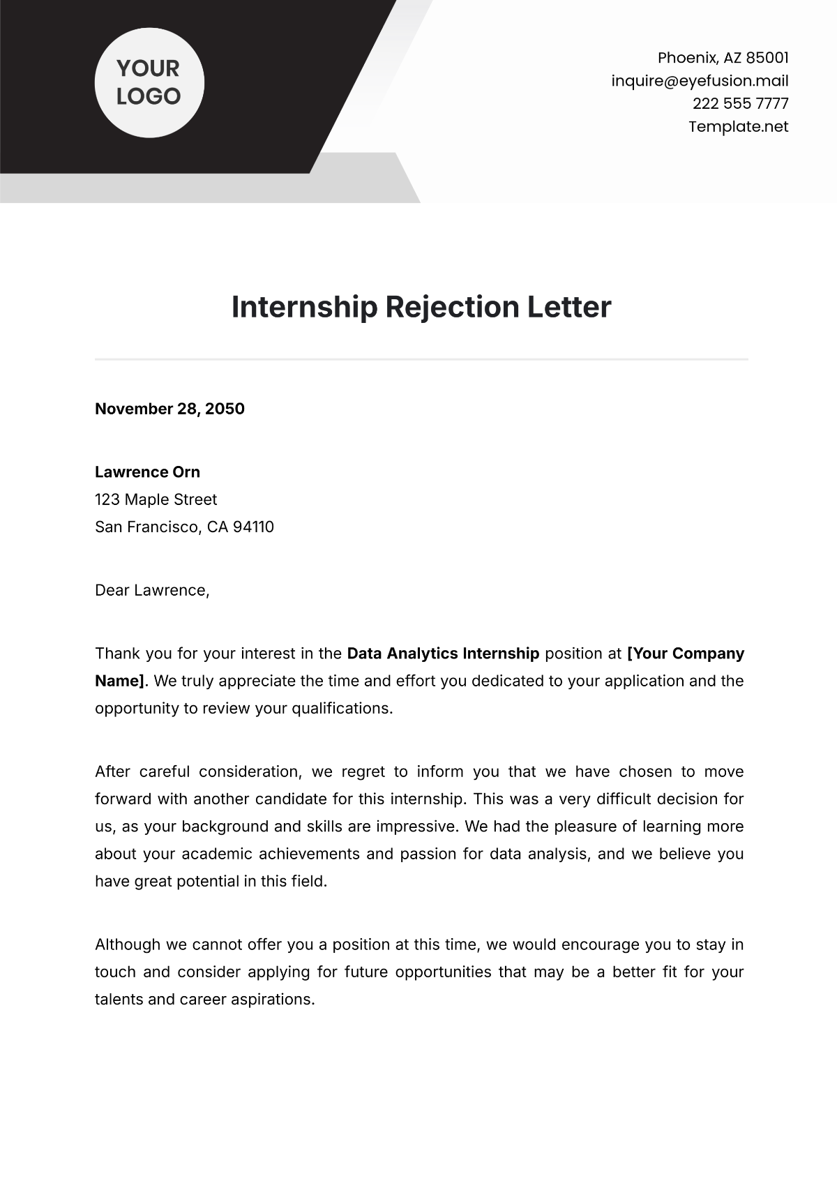 Internship Rejection Letter Template - Edit Online & Download