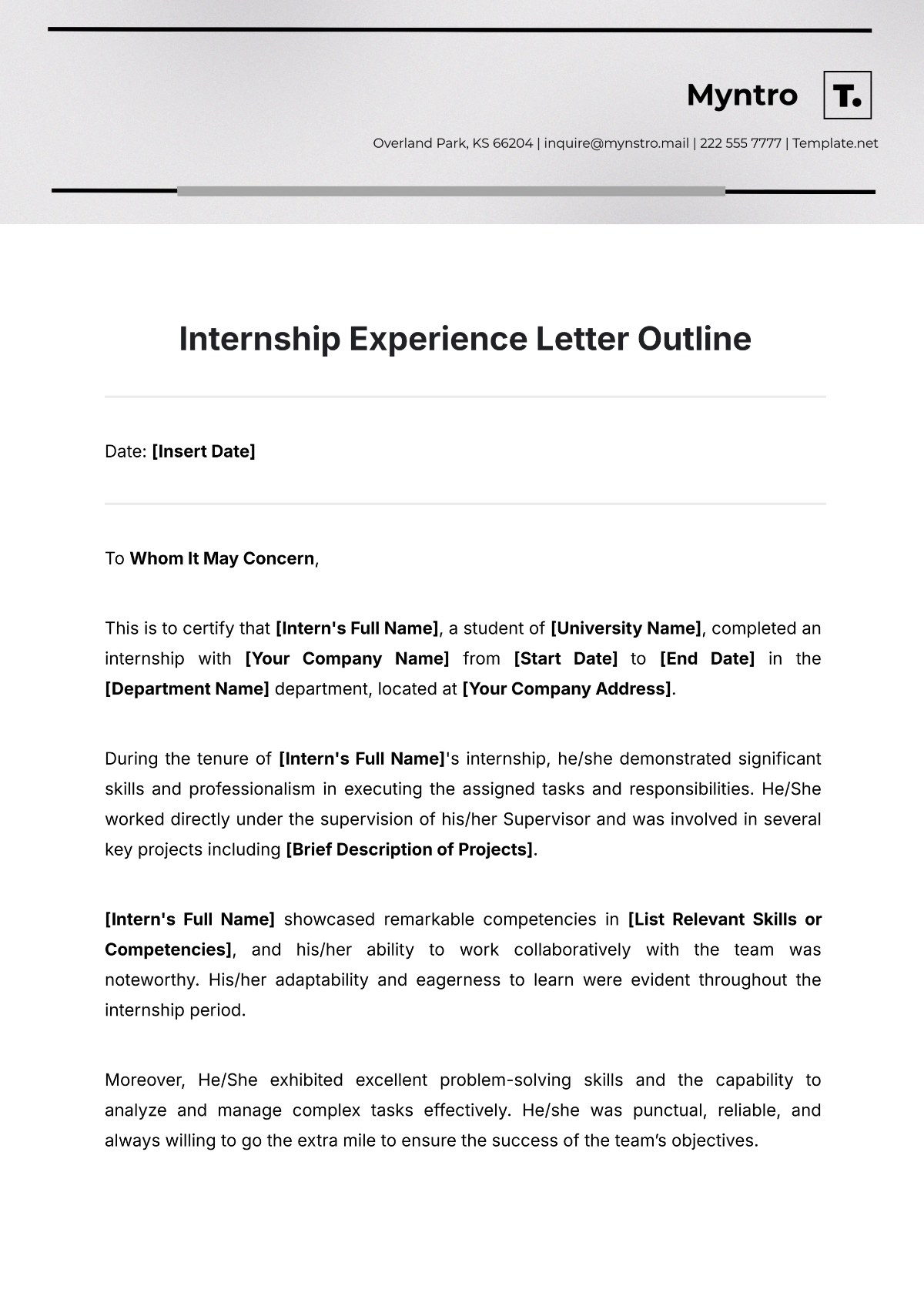 Internship Experience Letter Outline Template - Edit Online & Download