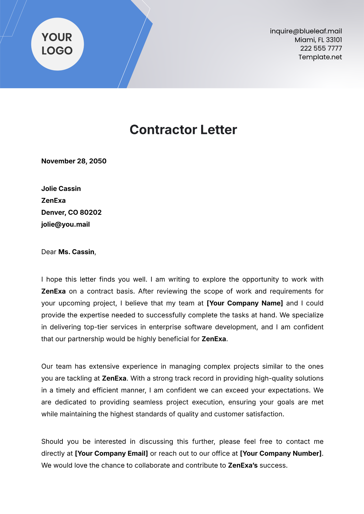 Contractor Letter Template - Edit Online & Download