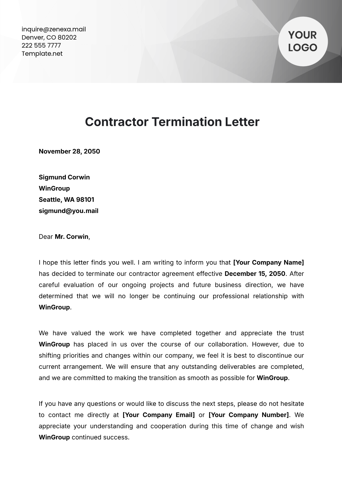 Contractor Termination Letter Template - Edit Online & Download