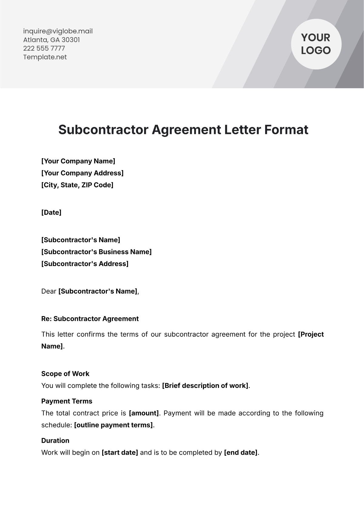 Subcontractor Agreement Letter Format Template - Edit Online & Download