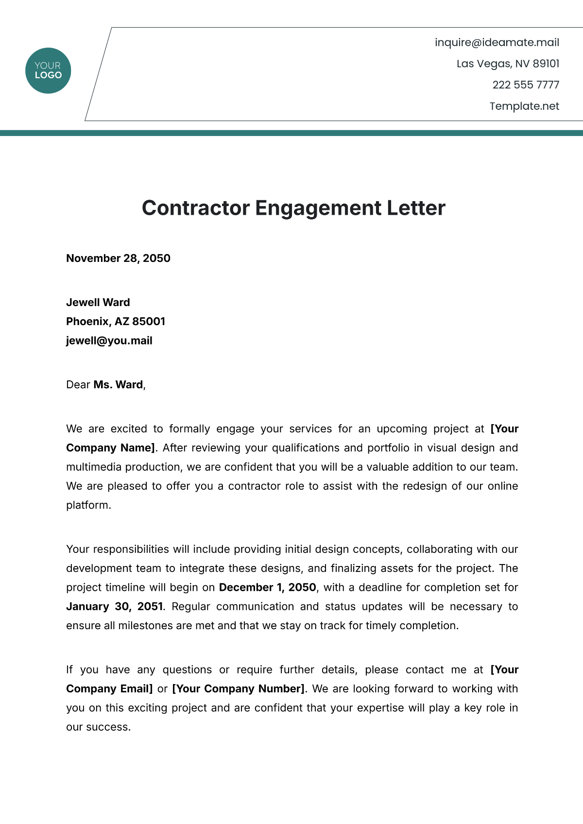 Contractor Engagement Letter Template - Edit Online & Download