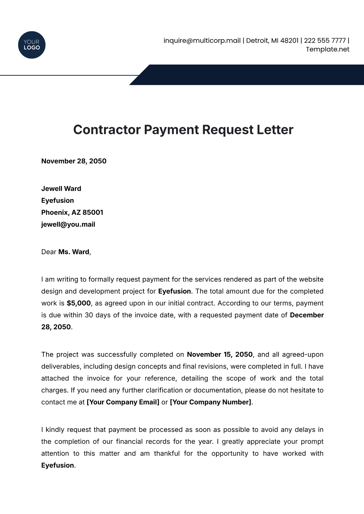 Contractor Payment Request Letter Template - Edit Online & Download