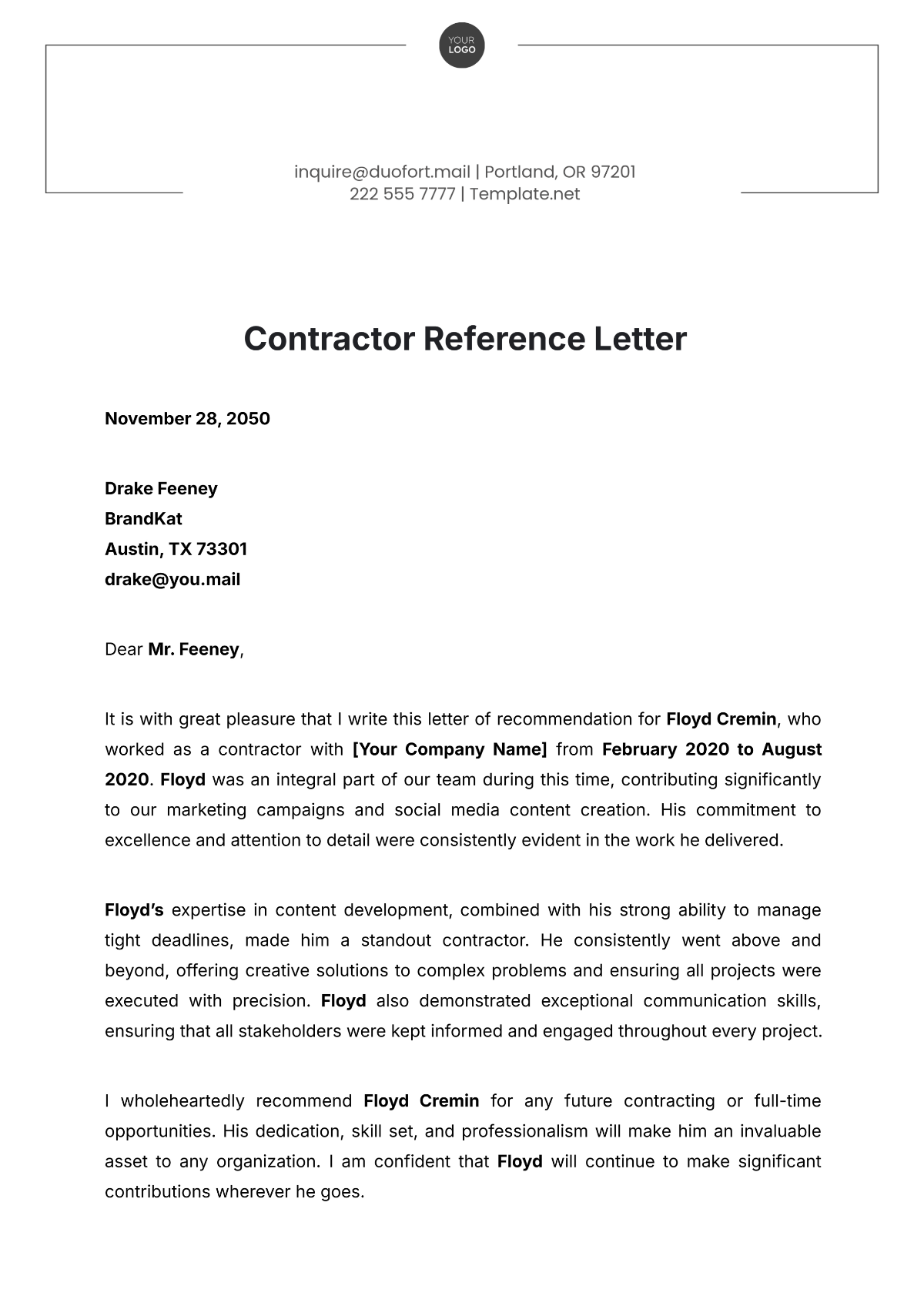 Contractor Reference Letter Template - Edit Online & Download