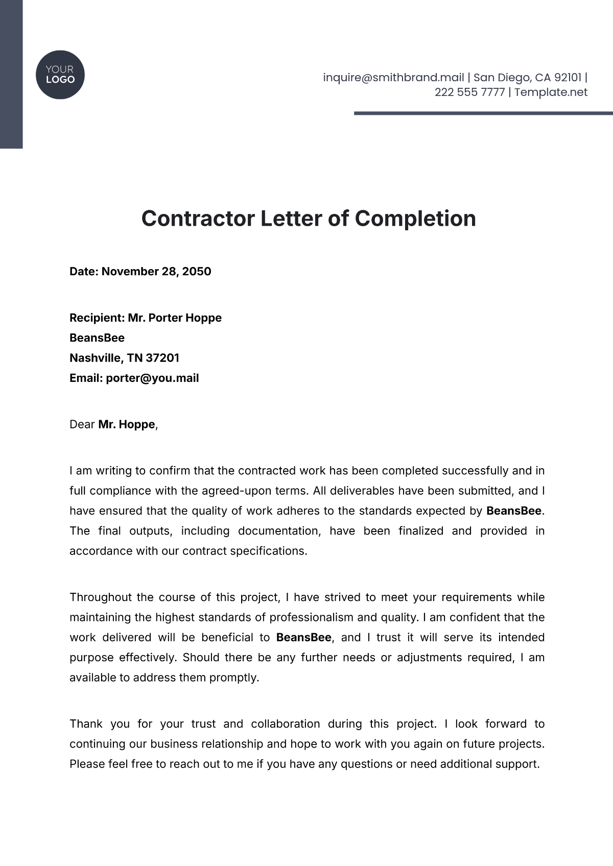 Contractor Letter of Completion Template - Edit Online & Download