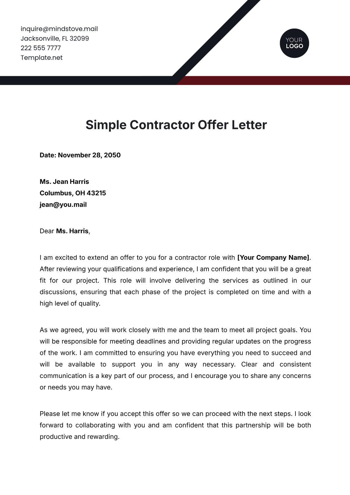 Simple Contractor Offer Letter Template - Edit Online & Download