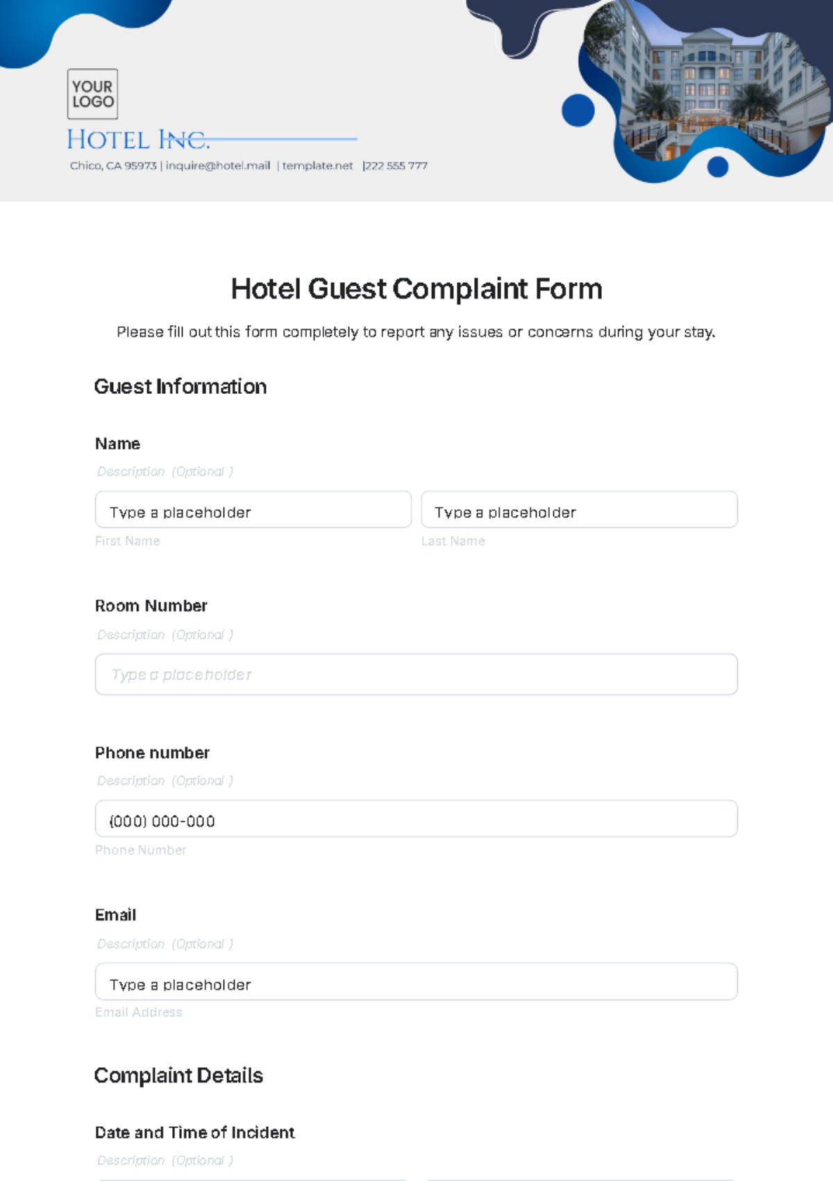 Hotel Guest Complaint Form Template - Edit Online & Download