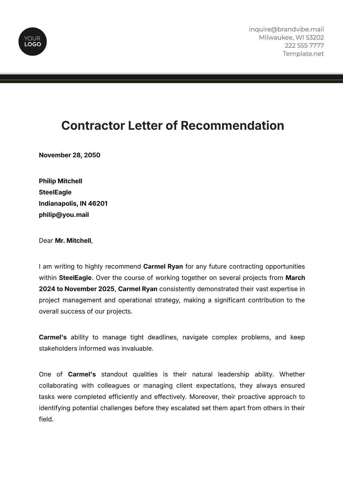 Contractor Letter of Recommendation Template - Edit Online & Download