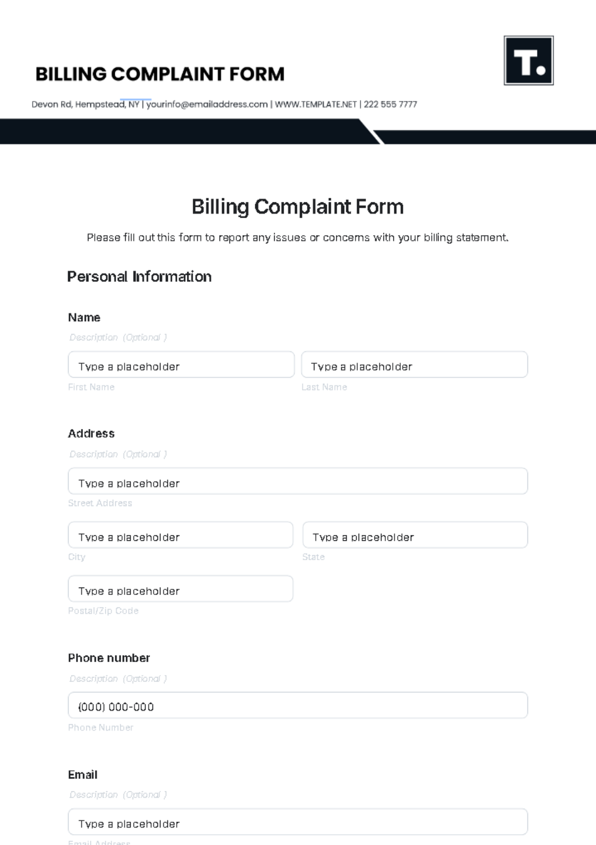 Billing Complaint Form Template - Edit Online & Download